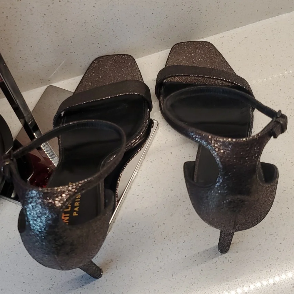 YSL shiny black-silver heeled sandals (sz 40) - Picture 6 of 11